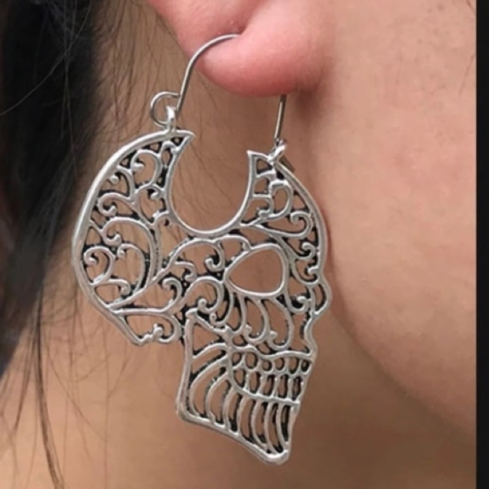 HOLLOW SKULL Silver HOOP EARRINGS. New